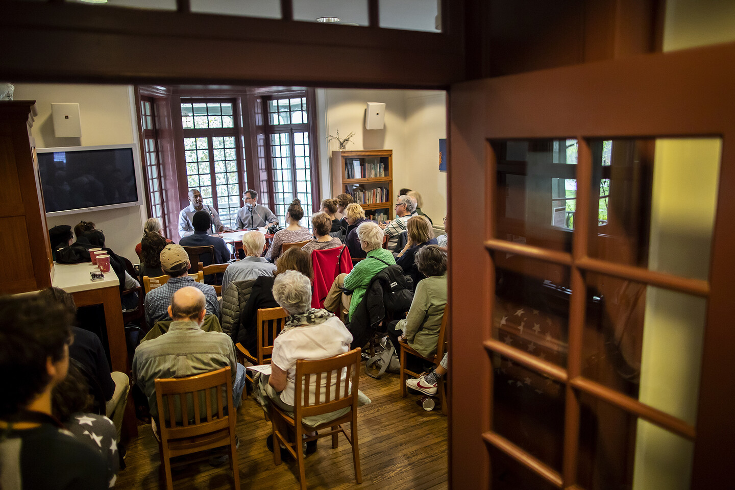 New York Times columnist Charles Blow and Penn Professor Al Filreis at Kelly Writers House.