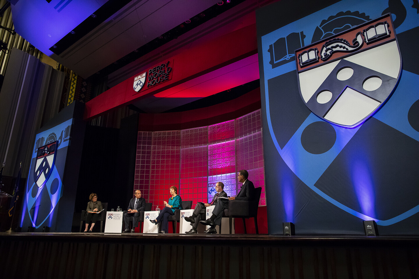 Panel on stage at Irvine Auditorium