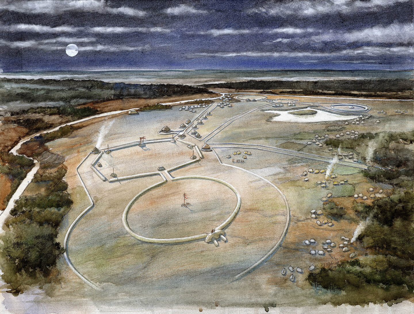 A moon rises over a landscape marked by circular and octagonal raised shapes. 
