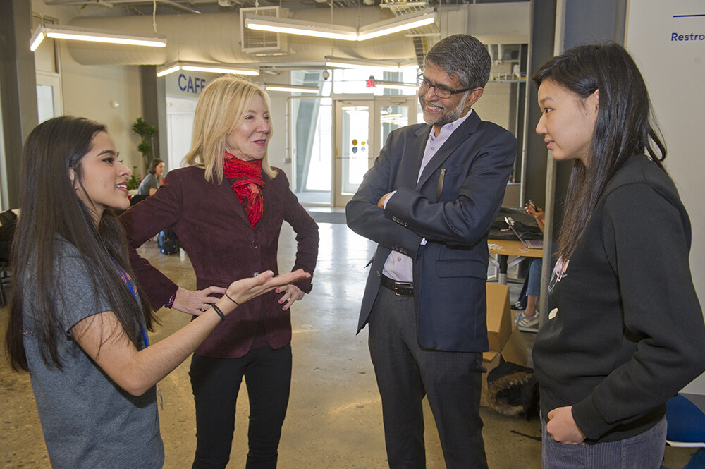 Amy Gutmann and Vijay Kumar chat with FemmeHacks participants