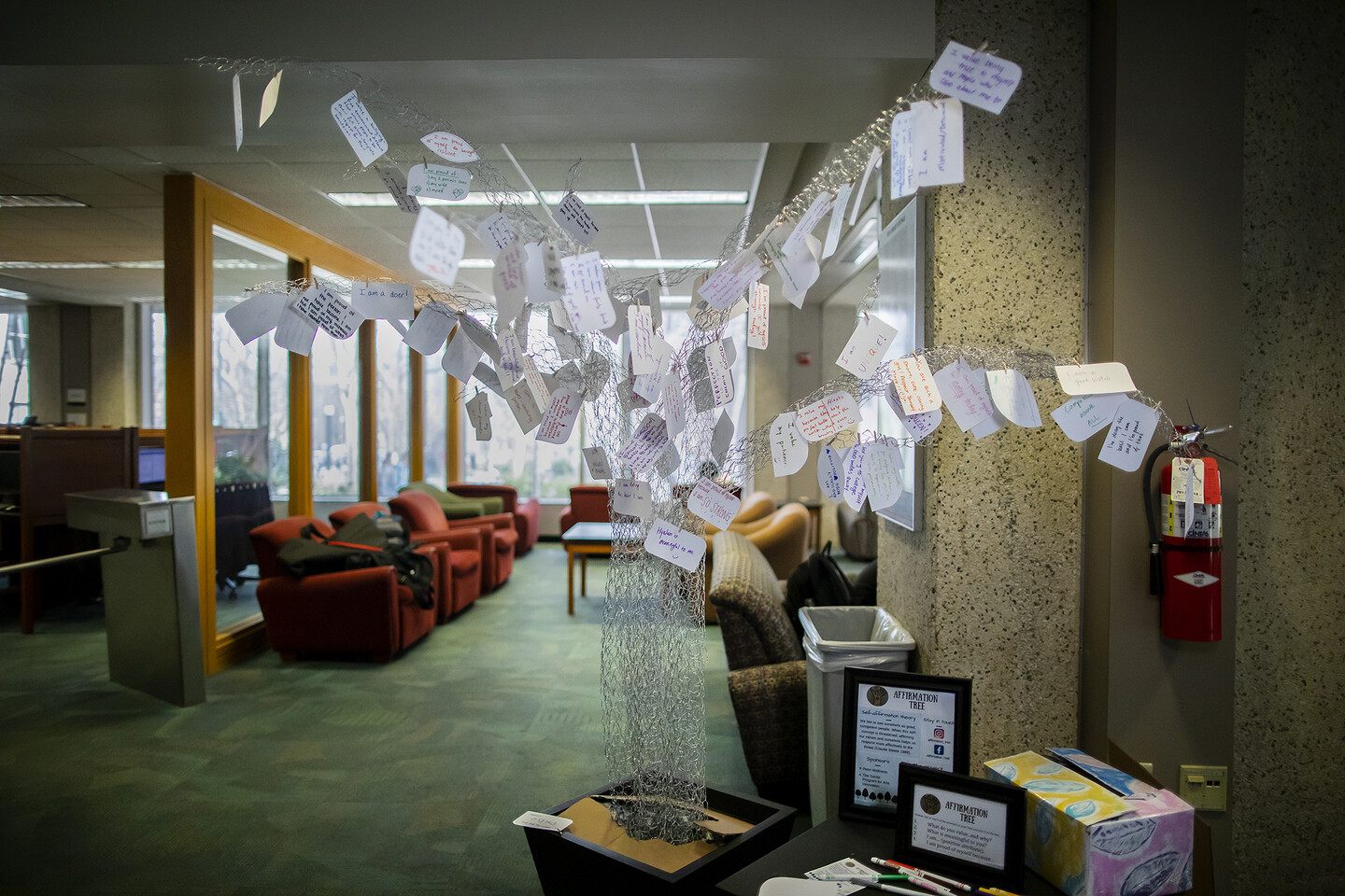 A wide perspective of the Affirmation Tree sculpture