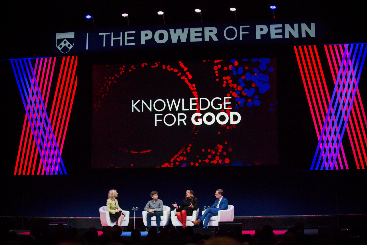 Seated on stage: Amy Gutmann, Mark Yim, Gwendolyn DuBois Shaw, and Robert Vonderheide