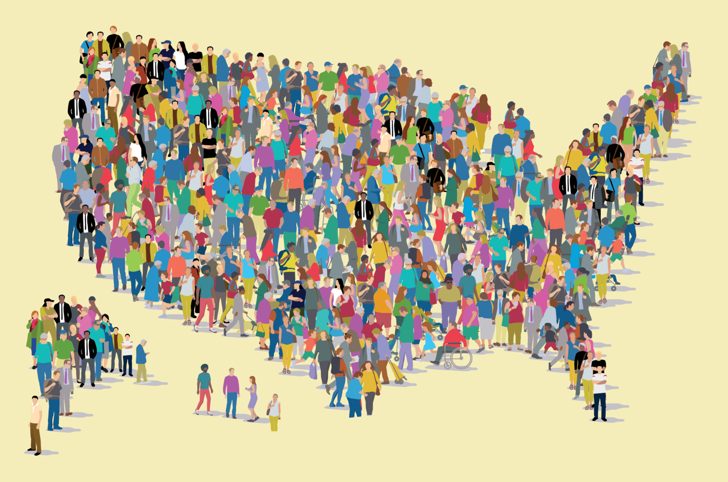 A grouping of colorful people in the shape of a United States map. 