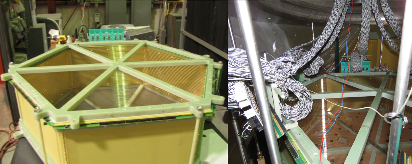 a close-up of the detector shell, a 6-sided plastic-sided container, and an inside view of the shell surrounded by wires and electrical cables