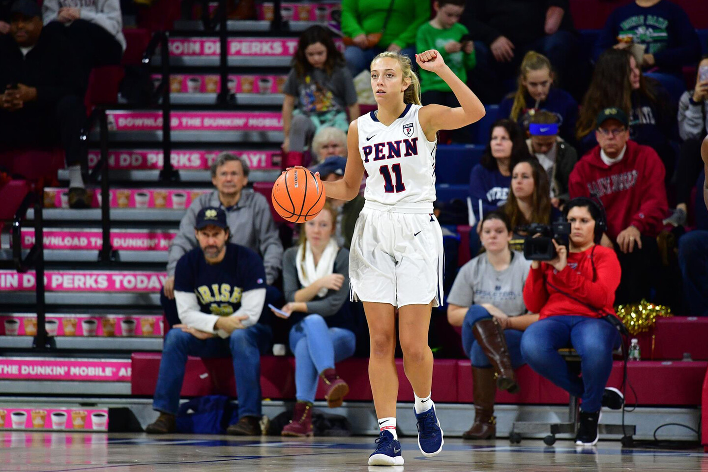 Senior guard Kendall Grasela dribbles the ball up the court at the Palestra.