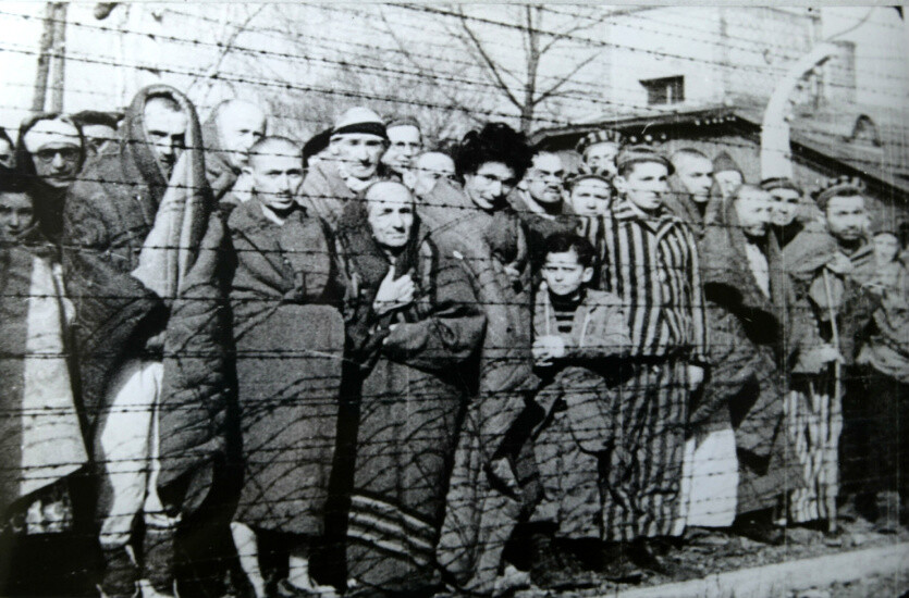 Photograph of prisoners in the German concentration camp Auschwitz in Poland, during liberation by the Soviet Red Army, January 1945