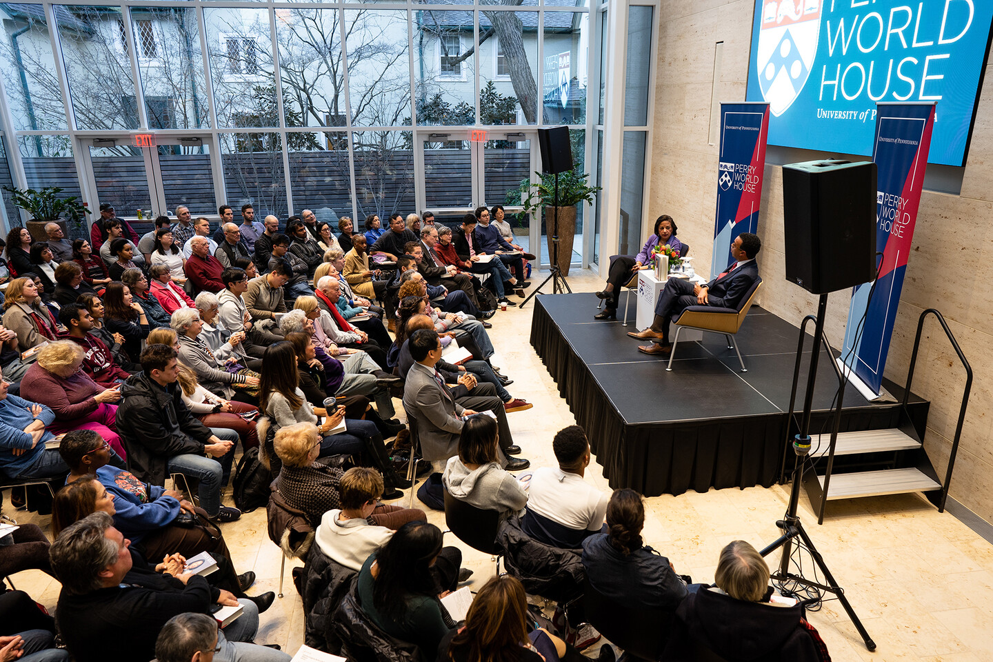 View of the crowd listening to Susan Rice and Wendell Pritchett at Perry World House
