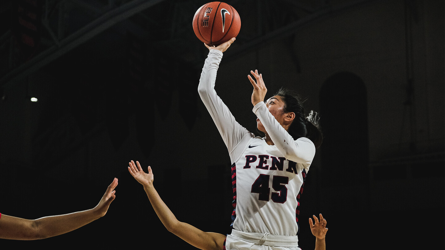 Freshman guard Kayla Padilla shoots a shot at the Palestra during a game.