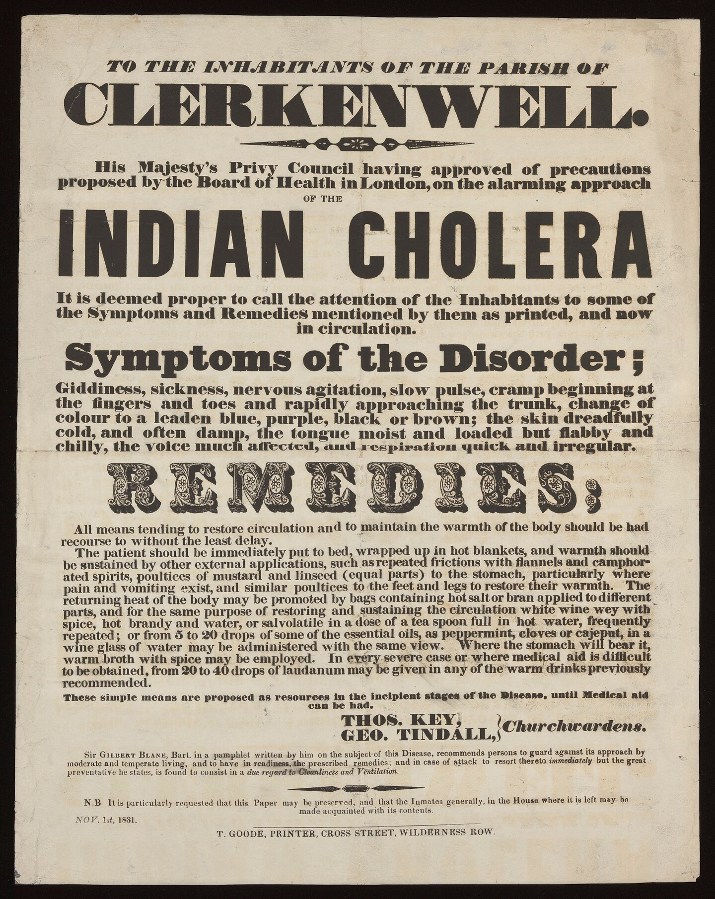 A historic brochure announces an "Indian cholera" outbreak.