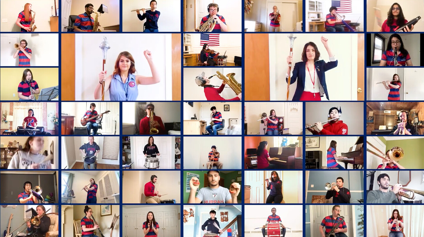 Penn Band students playing instruments in music video.