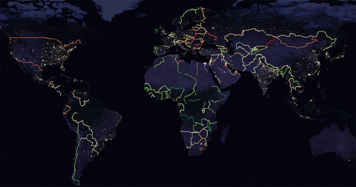 Satellite image of earth with borders highlighted in color
