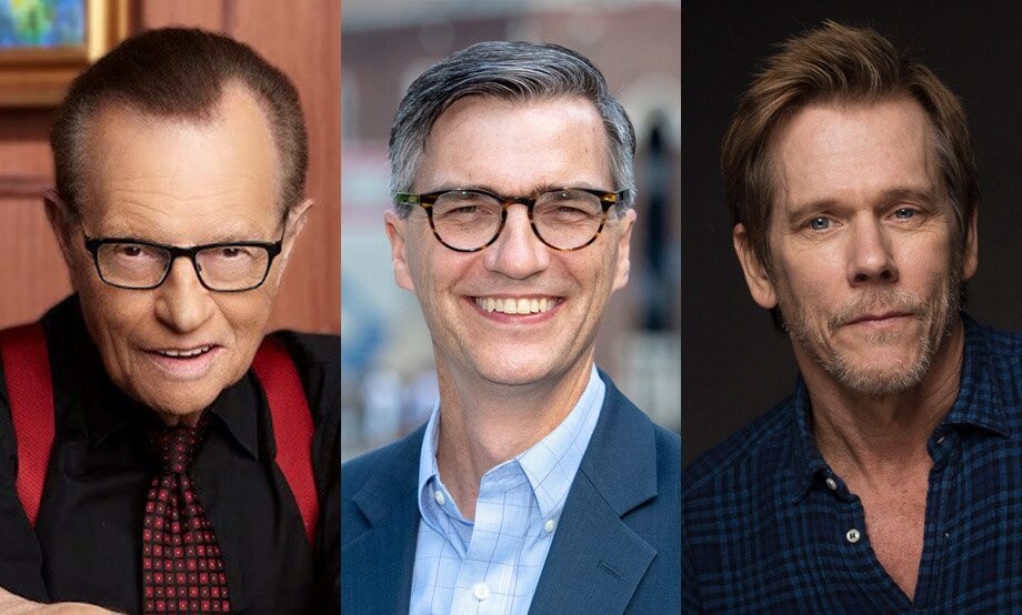 Close-up images of three people. On the left is journalist Larry King, wearing a black shirt, a red tie and red suspenders. In the center is James Pawelski, a Penn researcher, wearing a blue blazer and blue shirt. On the right is actor Kevin Bacon, weather a blue and black button down shirt.
