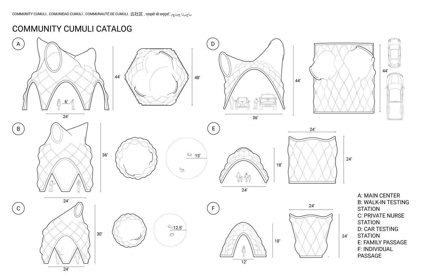 community cumuli catalog showing different sizes and shapes of objects, including main center, walk-in testing station, private nurse station, car testing station, family passage, and individual passage