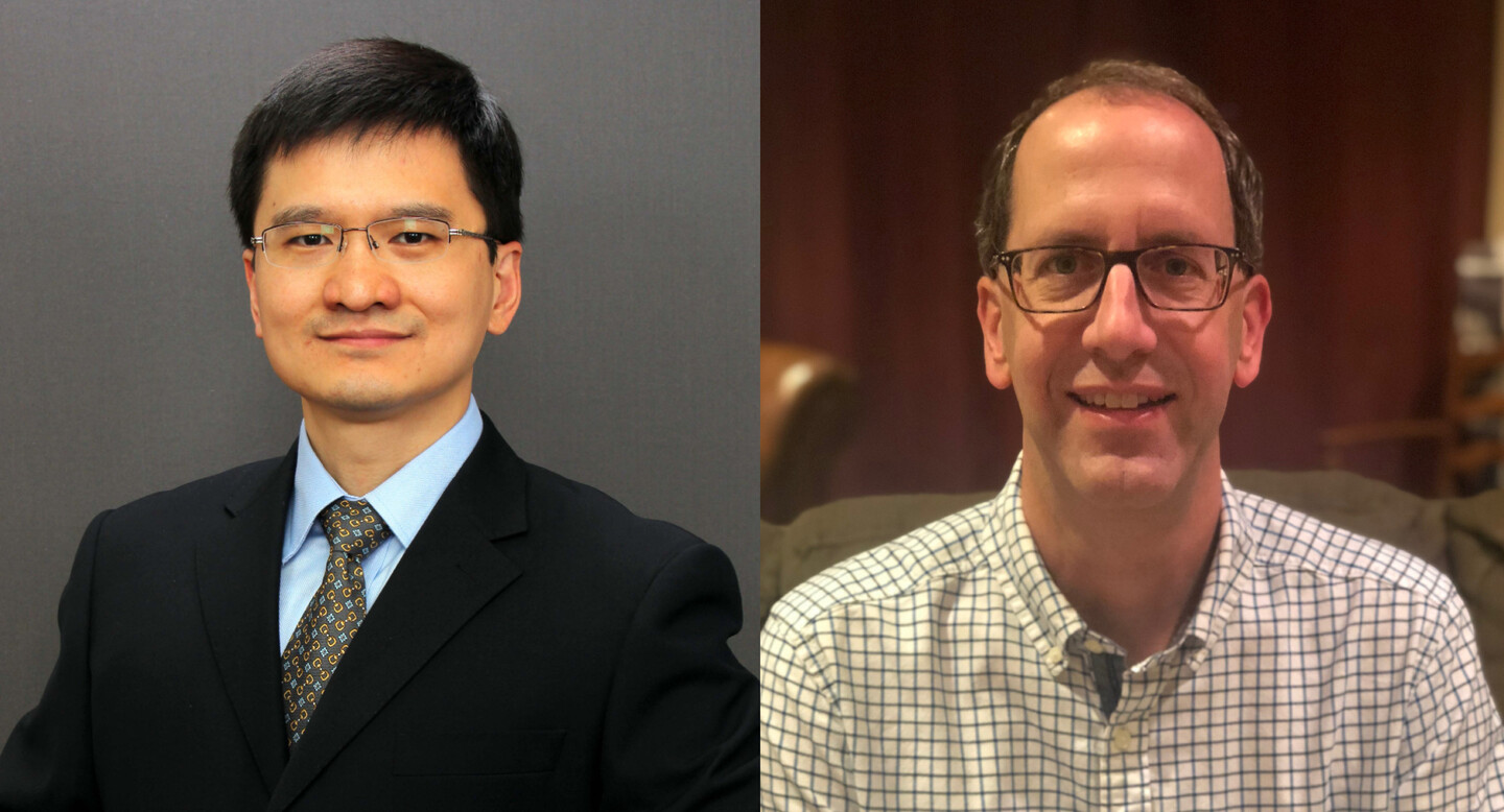 Close-up headshots of two people. The person on the left wears a suit and tie, the one on the right wears a plaid button-down shirt.
