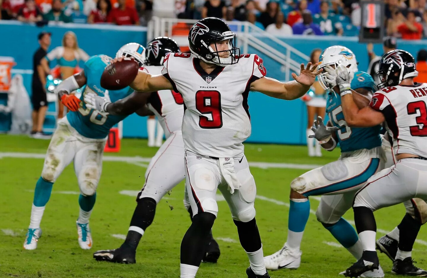 Alek Torgersen throws a pass while playing for the Atlanta Falcons.