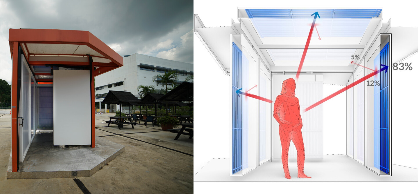 a photograph of a shelter outside in a tropical setting next to a diagram showing how the radiant cooling system works