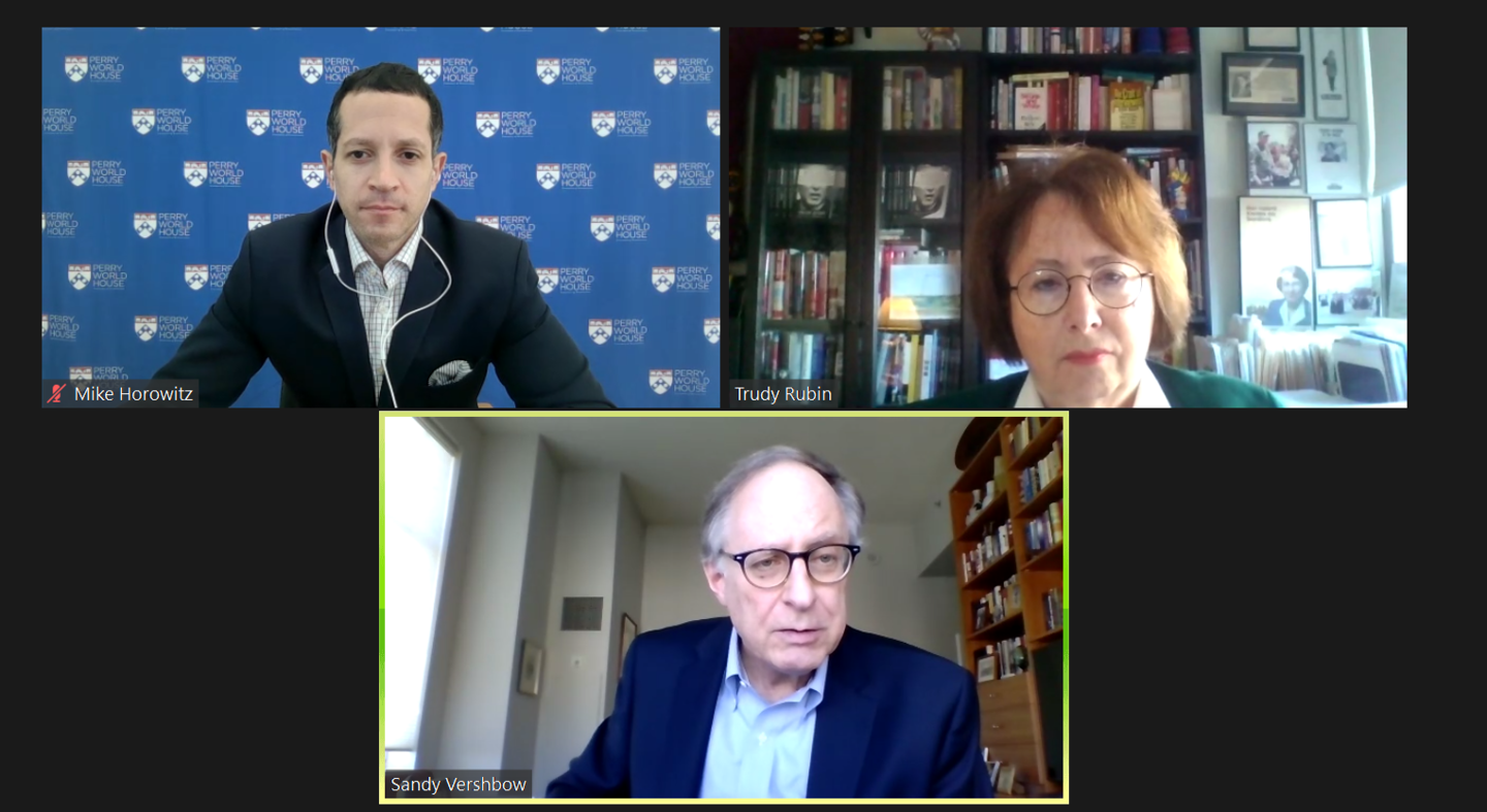 Three people in a Zoom meeting, a man with a blue background and the Penn shield on the upper left, a woman with bookcases behind her on the upper right and a man in the center bottom with a bookshelf to his left.