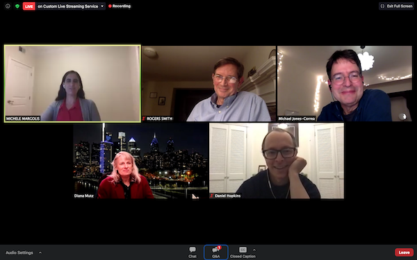 Screen shot of a Zoom call with a woman and two men in the top row and a woman and a man in the bottom row