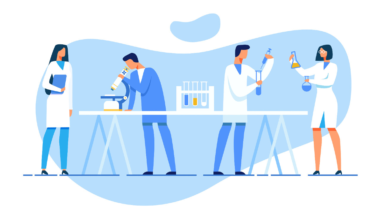 a cartoon of four researchers one with a notebook, one looking through a microscope, one injecting liquid into a test tube, and one looking at two flasks