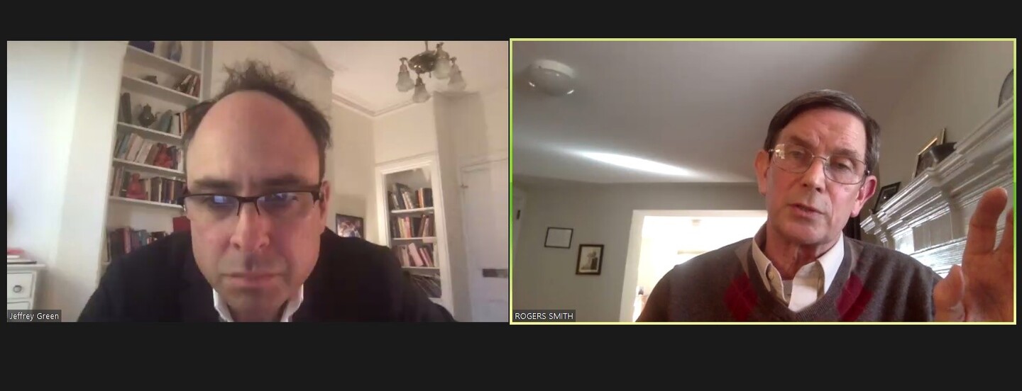 a zoom screen shot with two people talking