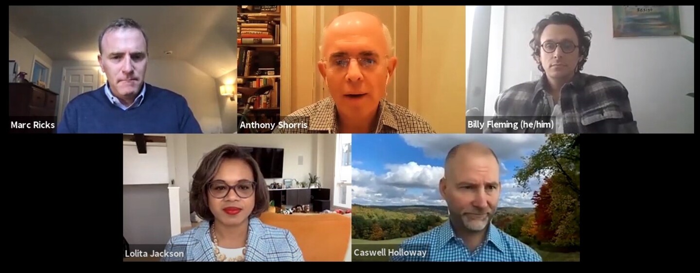 five portraits of people during an online presentation