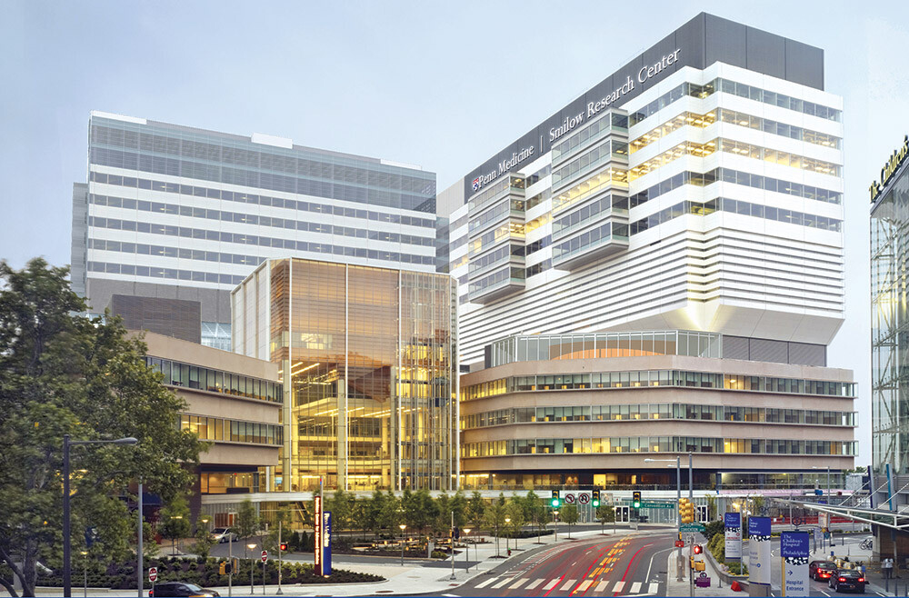 An exterior view of the Perelman School of Medicine. The Smilow Research Center is at right.