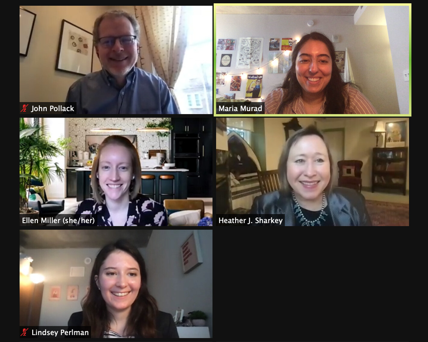 Five people in a videoconference on a computer screen