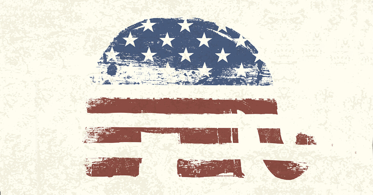 An image of an outline of an elephant is painted with blue stars on the back and red stripes on the legs and trunk