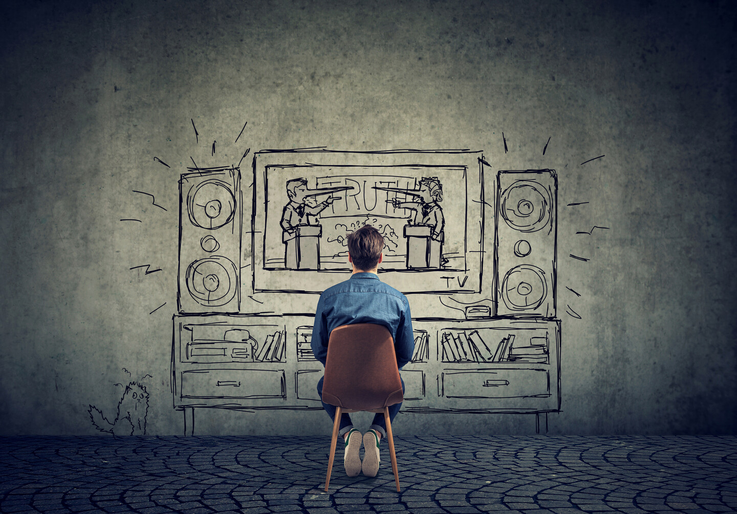 a person with their back to the camera looking at a drawing of a television with two people debating