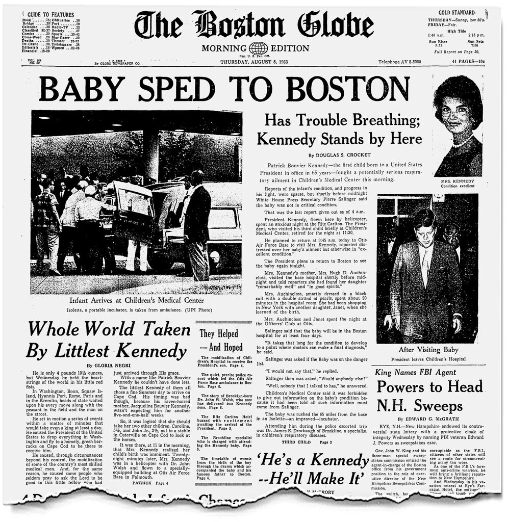 A newspaper article about President Kennedy's sick child Patrick.