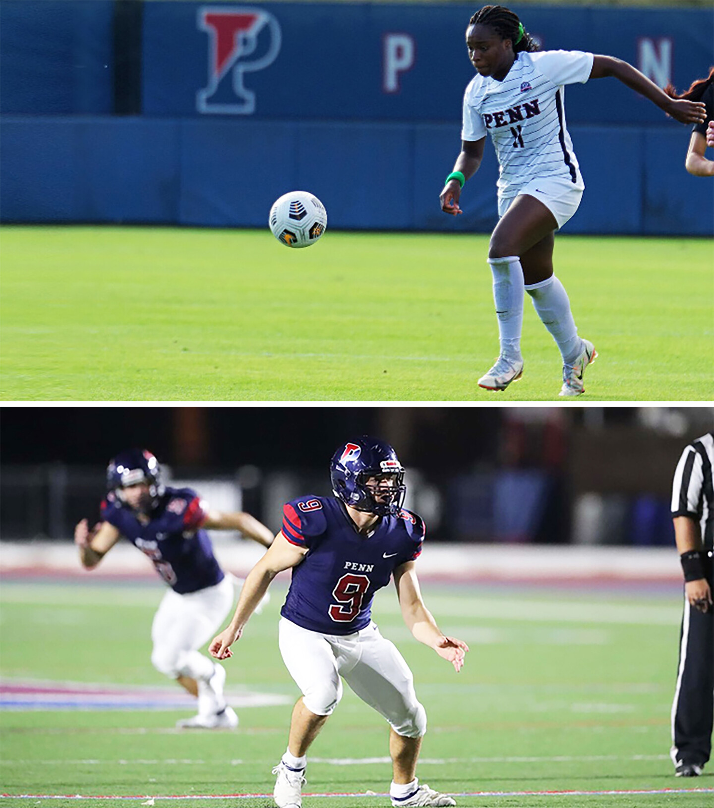 Top: Janae Stewart kicks the ball; bottom: Jake Inserra on the field.