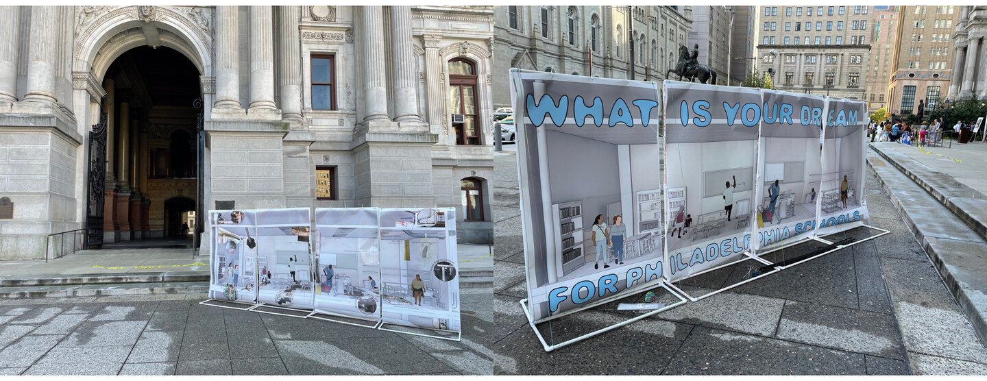 two panels depicting conditions in philadelphia public schools. the one on the left is a cartoon of students working in a classroom with issues such as mold, vermin, and asbestos and lead highlighted. on the right is an updated version of the same classroom with these issues removed and text below asks "what is your dream for philadelphia schools?"