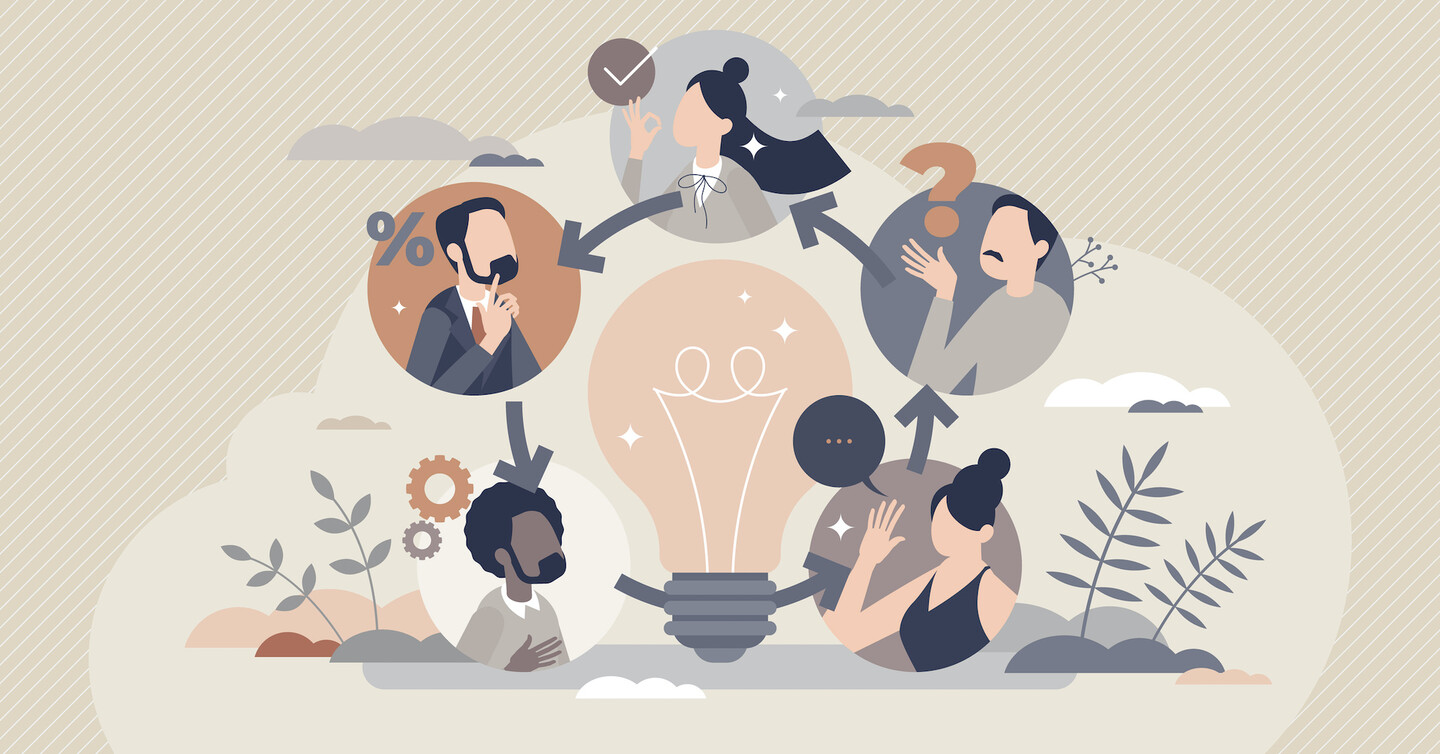 illustrated bubbles of five people exchanging questions and ideas