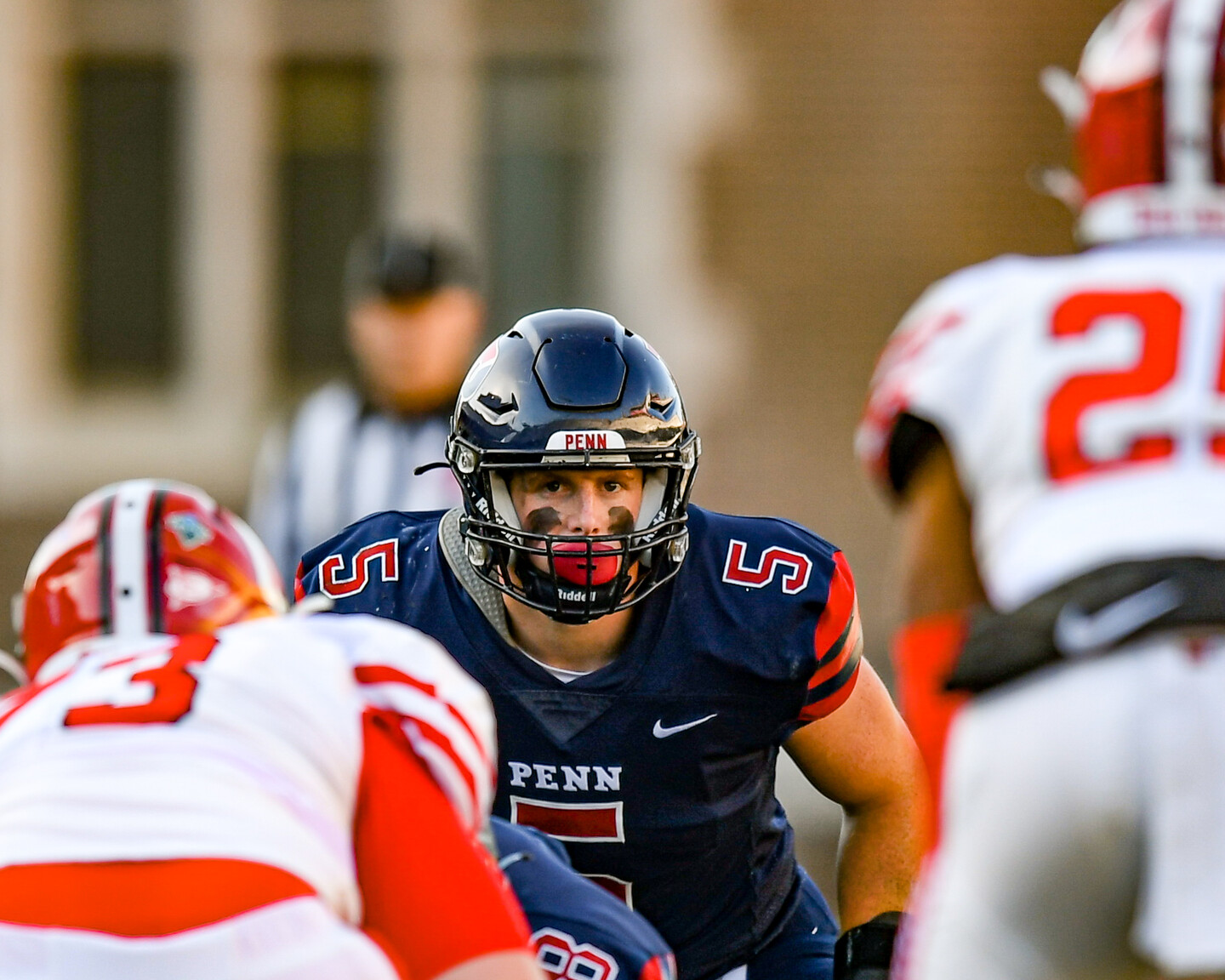 O'Nell looks into the opposing backfield from his linebacker position.