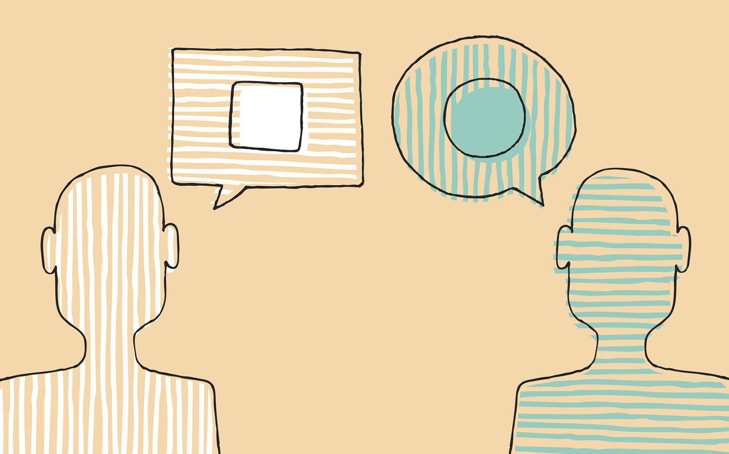 Two human figures communicating via different colors, shapes, and dialog boxes.