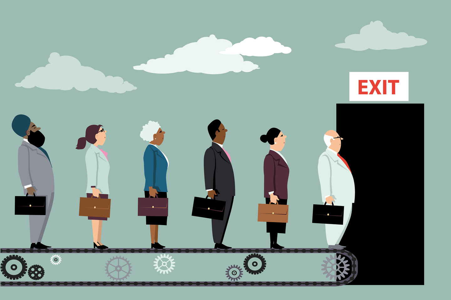 People on conveyor belt moving towards an exit sign.