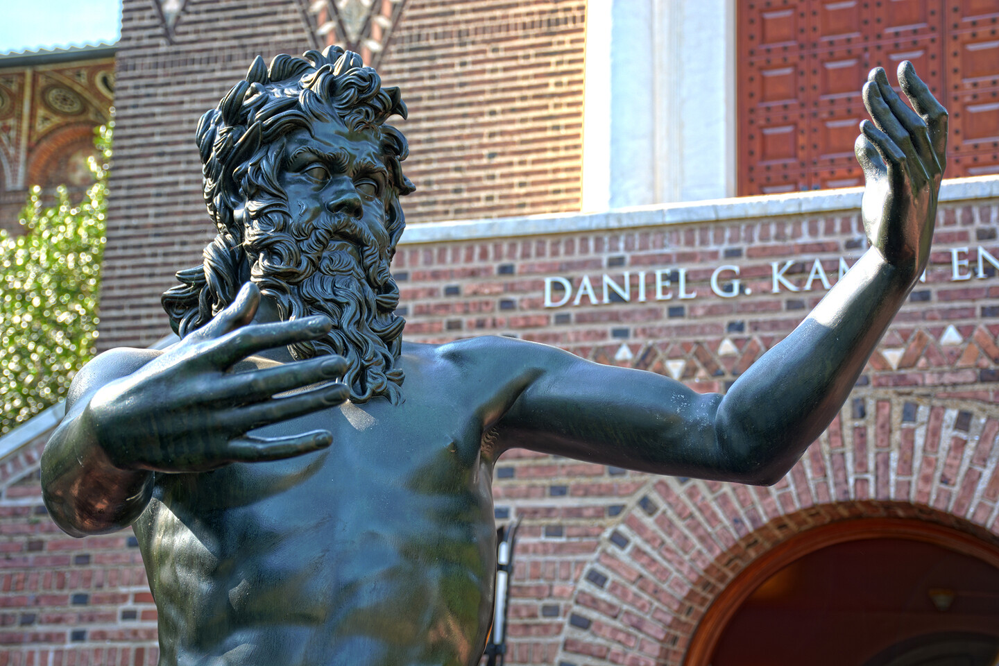 bronze statue in walden garden of penn museum