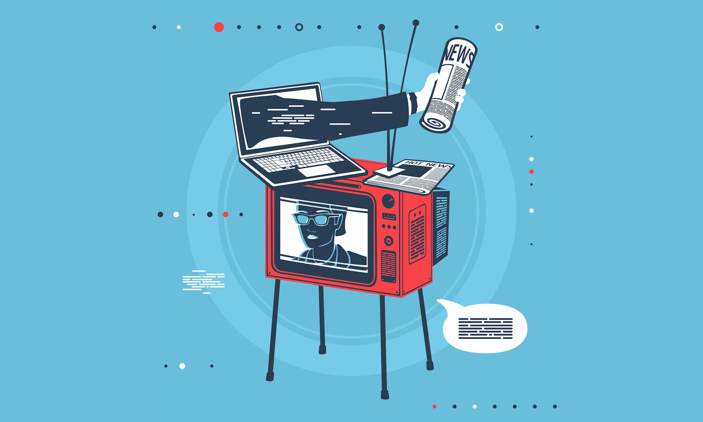 An illustration of an old television with a person in sunglasses on it. On top sits a laptop computer with an arm reaching out past the screen, holding a rolled up newspaper. Another newspaper lays flat on top of the screen.