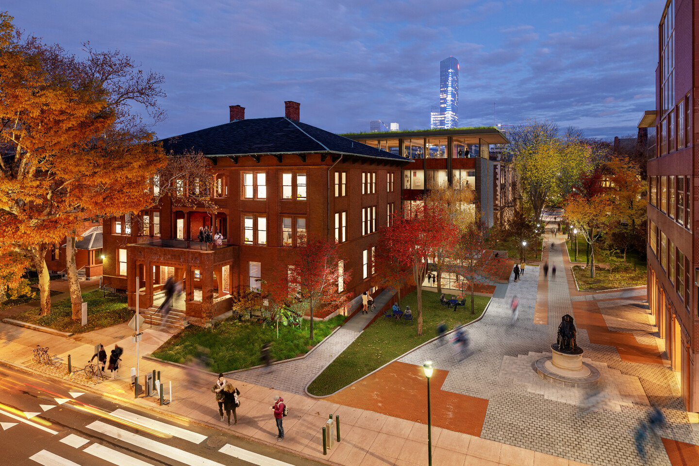 schematic drawing of original brick building with new addition behind 