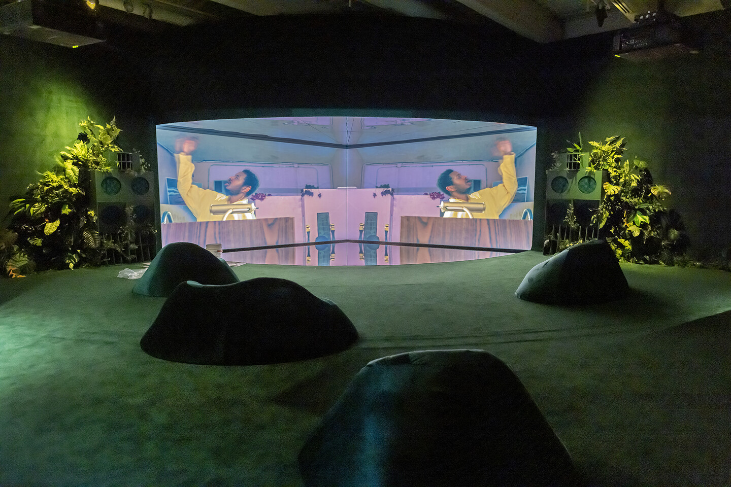 Abstract seats and foliage facing a dual projection