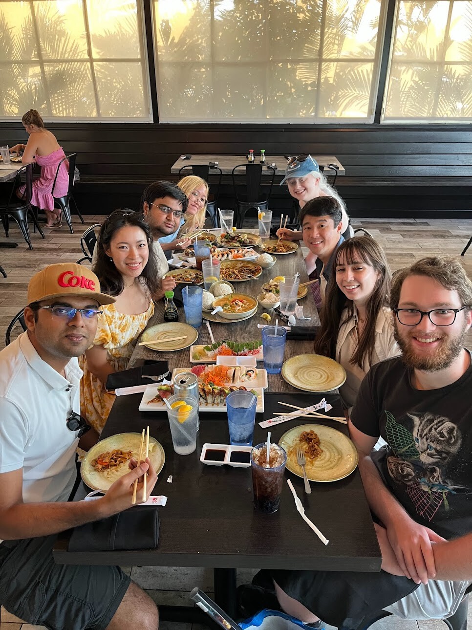 Photograph of students having dinner.
