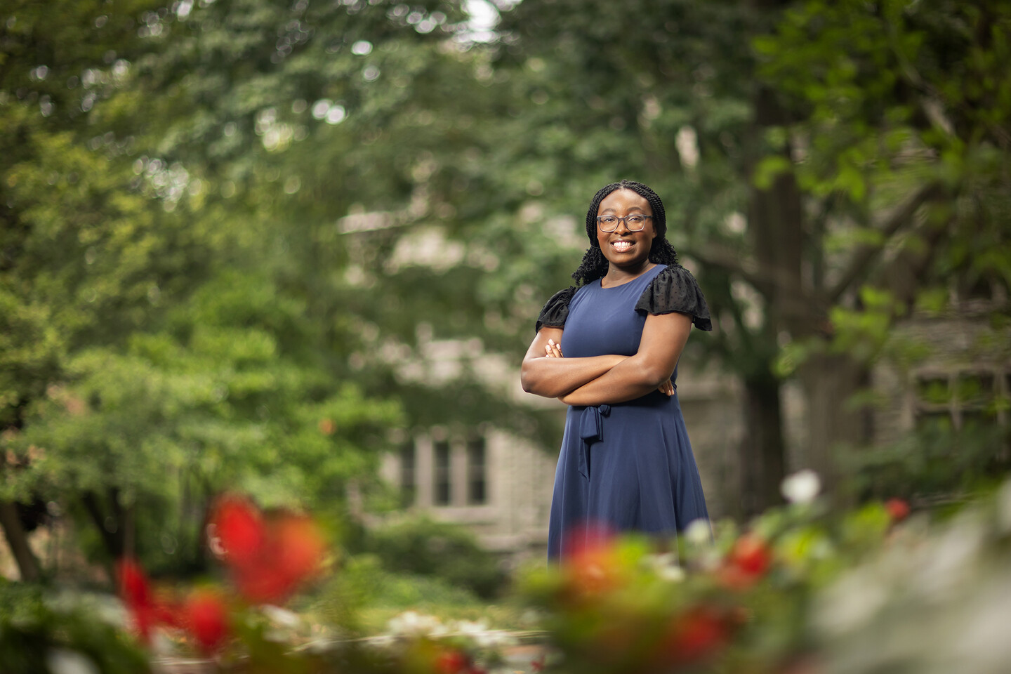 joyce davis with flowers in foreground