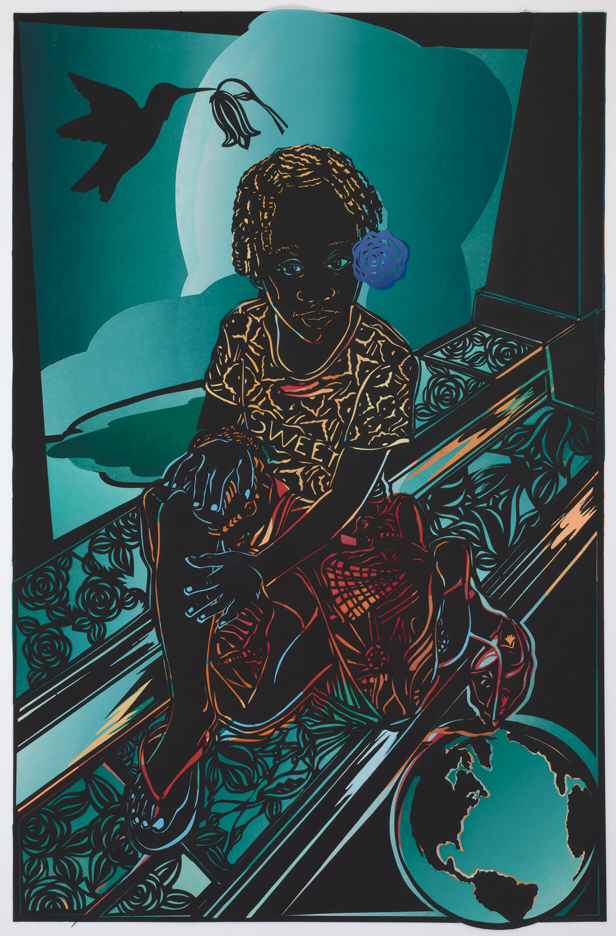 Paper cut with hand-printed color.