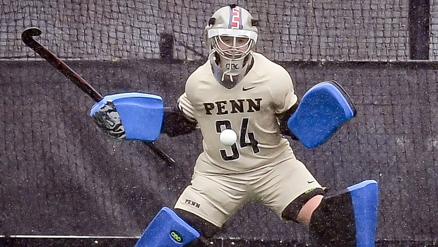 Fourth-year goalkeeper Frederique Wollaert defends a ball headed into the net.