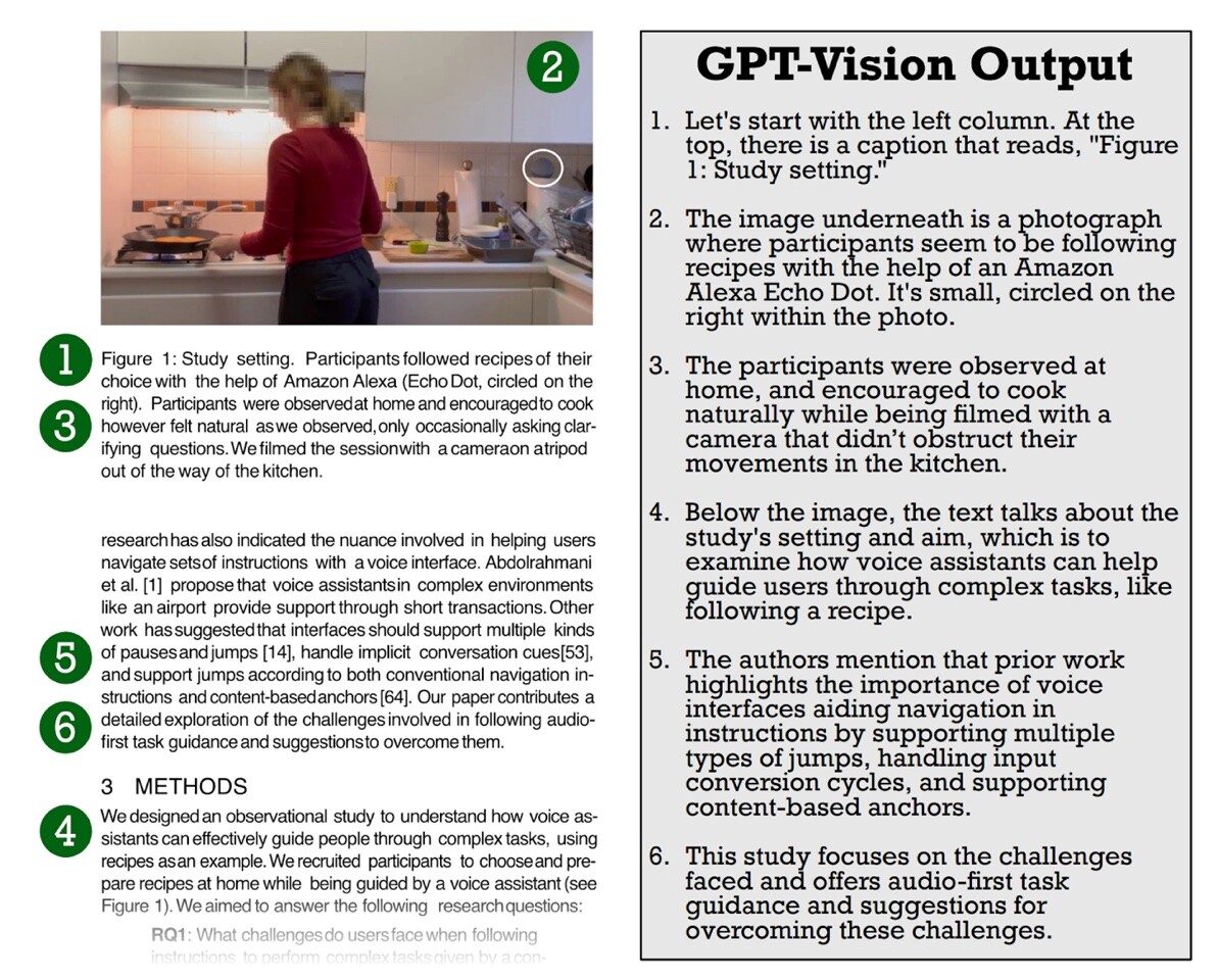 Side by side image comparison between user-generated text describing an image and AI-generated text describing the same image of a person cooking in a kitchen.