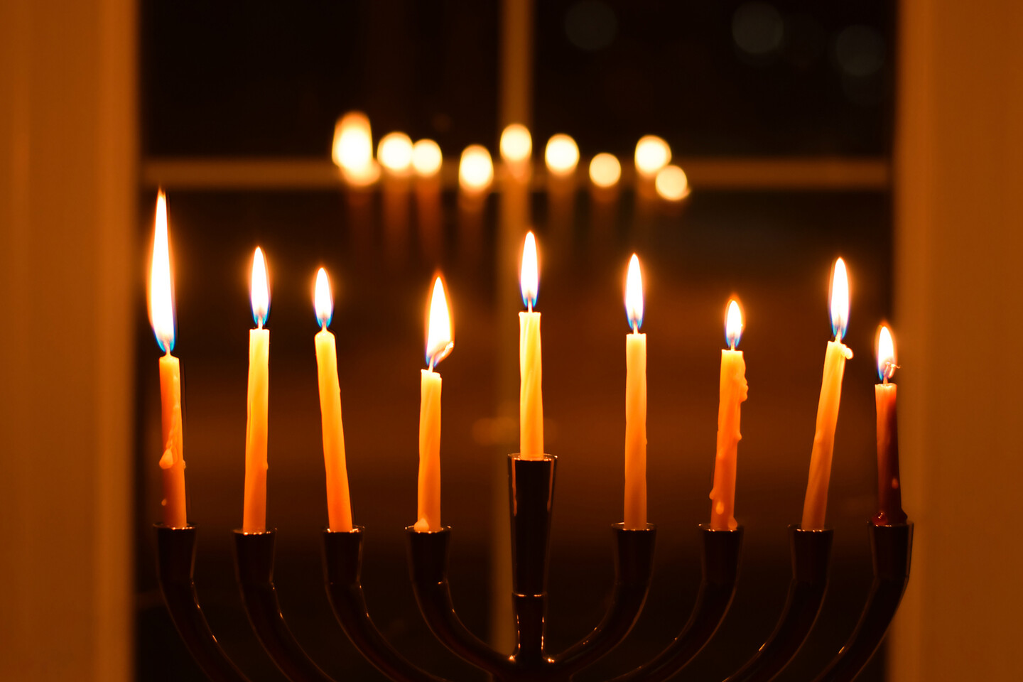 A lit menorah.
