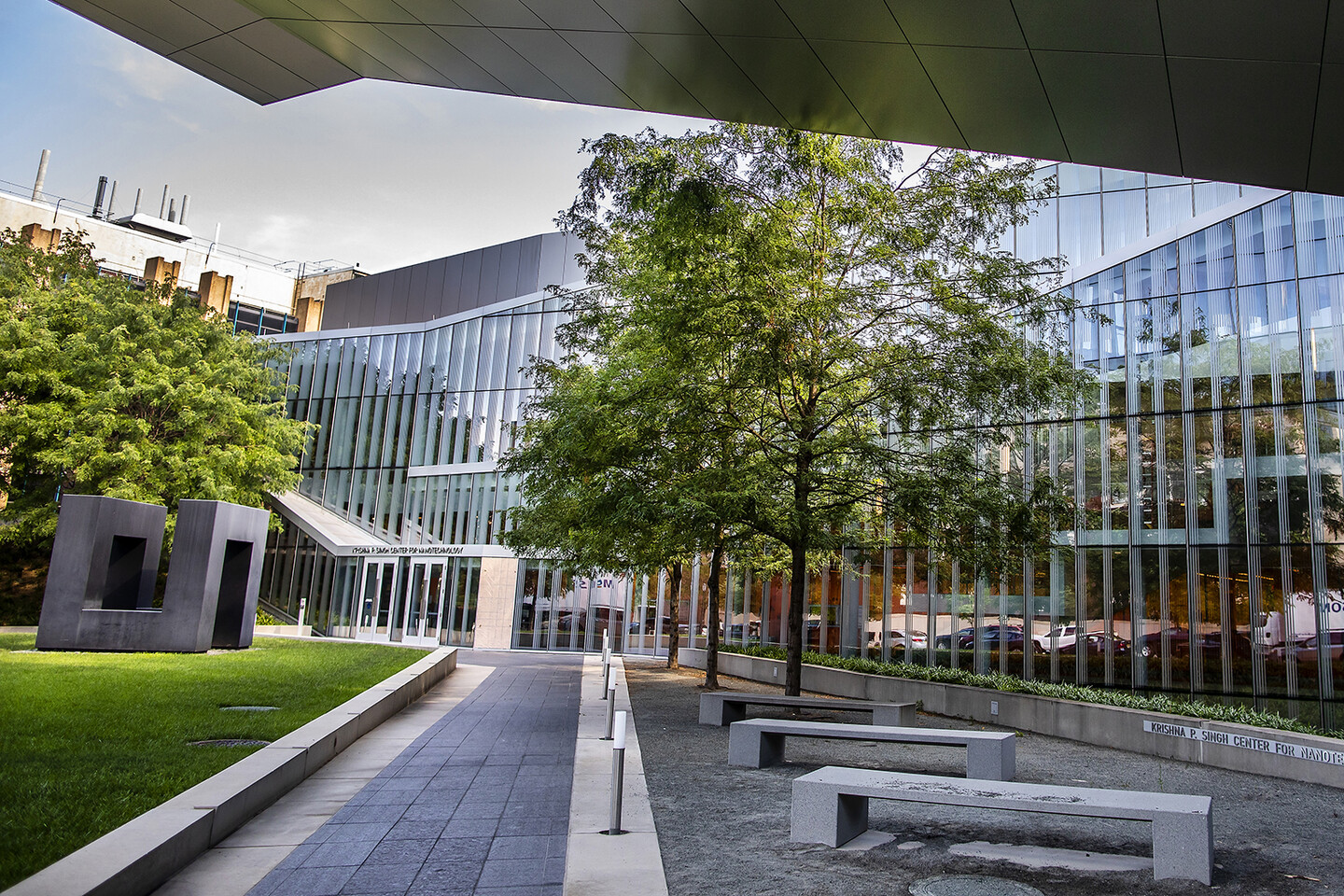 Daytime exterior of center courtyard of Singh Center for Nanotechnology