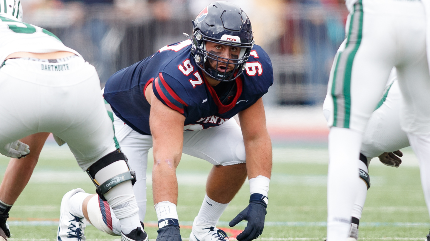 Joey Slackman lines up in a three-point stance against Dartmouth.