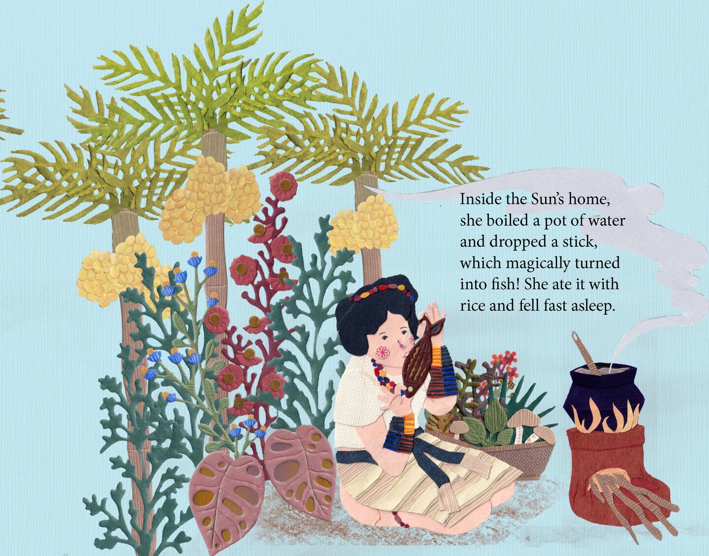 Young girl eating a fish and heating a pot in the wilderness. 
