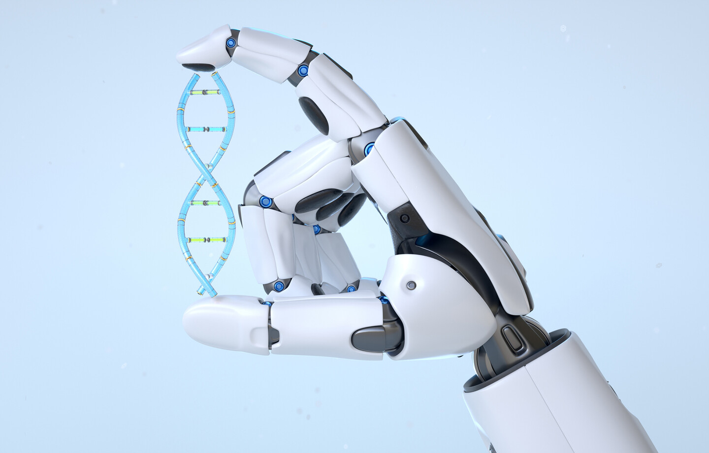 A robot hand holding a model of DNA.